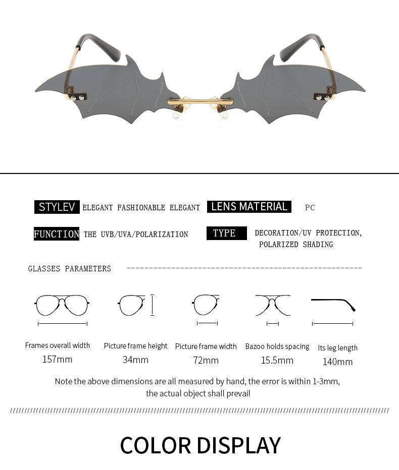 70g Weight Frameless Glasses Structure Sunglasses Classification PC, UV400 Protection Lens Material Special-Shaped Mirror Glasses Style Outdoor, Stage Occasion Halloween Festival Bat Pattern Unisex Gender Streetwear Style Gold Color Streetwear Bat PC UV400 Protection Special-Shaped Mirror Frameless Women's Sunglasses 无