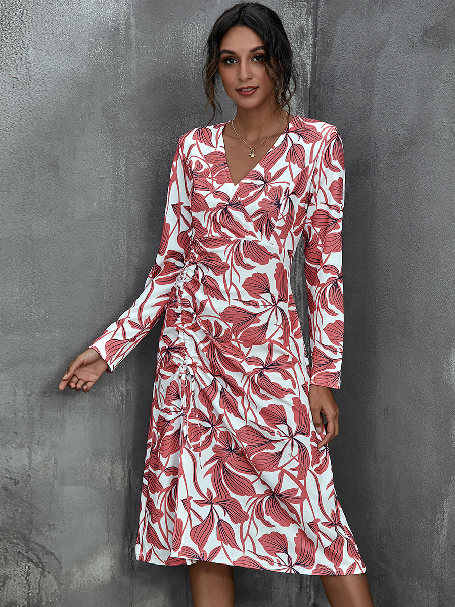 Temperament V-neck Printed Long Sleeve Dress NSAL2595