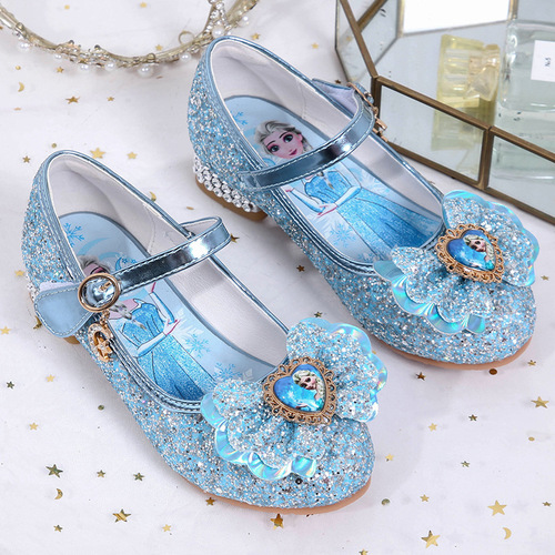 Children's performance dress shoes  new style Princess Elsa children's shoes women's bow sequins Velcro flat shoes trendy