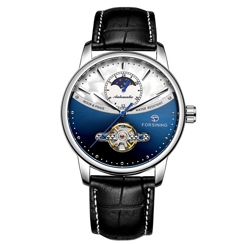 Forsining Fusini 8179 cinturón hombres de negocios reloj mecánico automático transparente inferior hueco reloj hombres