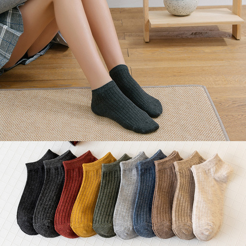Socks for women spring and summer short tube boat socks versatile retro forest solid color socks trendy ins short tube cotton socks for women