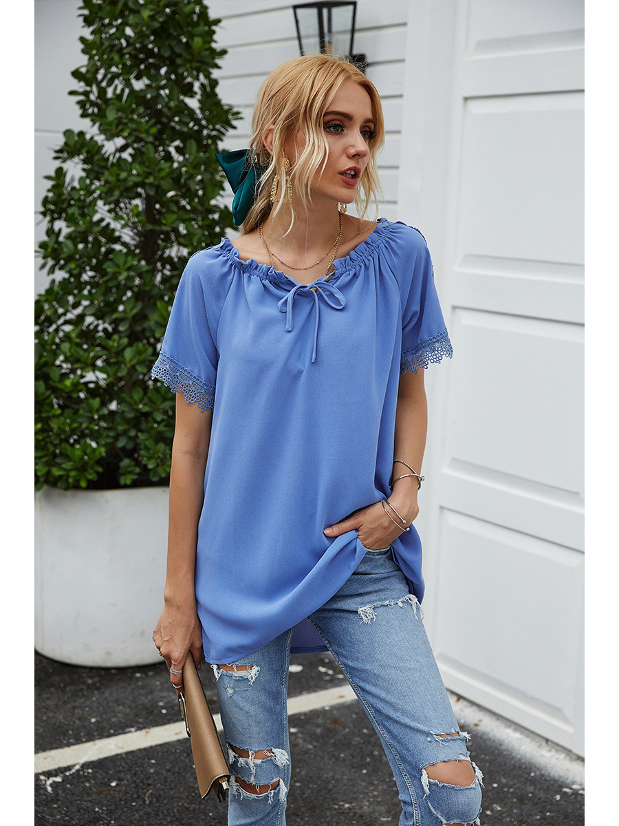 solid color lace one-shoulder hooded casual short-sleeved T-shirt NSAL2880