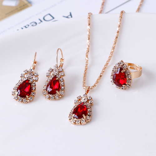 New European and American water drop shiny rhinestone necklace earrings ring set bridal jewelry three-piece set factory direct sale