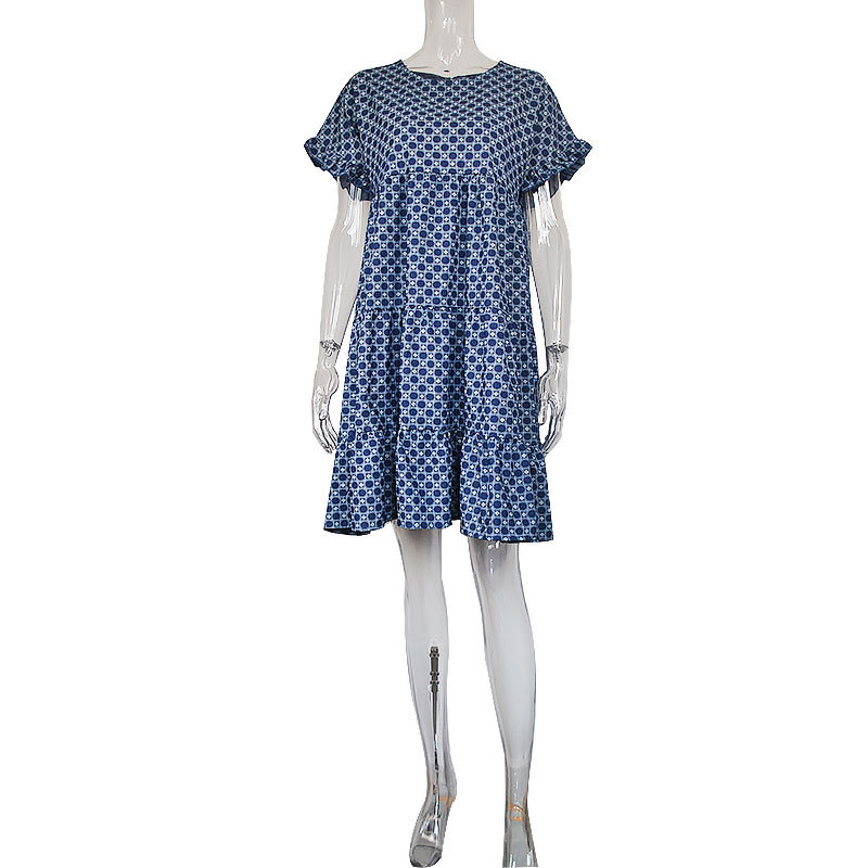 Floral Pattern Denim Polka Dots Ruffled Dress Clothing Wholesale Vendor
