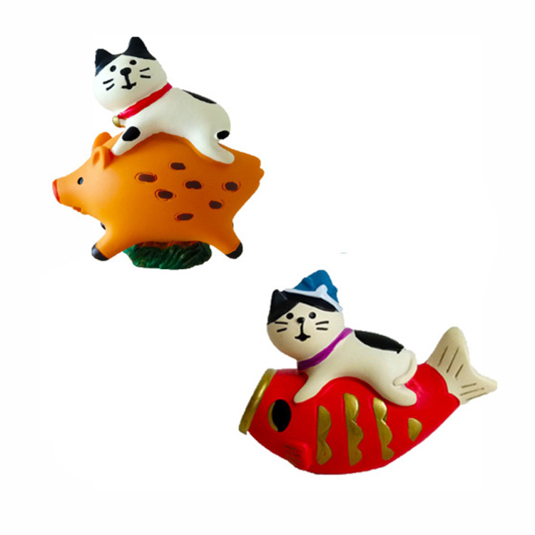 日式杂货zakka猪年吉祥物骑猪猫祈福猪创意工艺品ins新年猫咪摆件