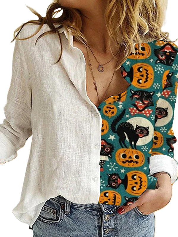 2020 Foreign Trade Cross-border Fashion Women's Clothing Loose Halloween Skull Skull Series Digital Printing Long Sleeve Shirt 8984