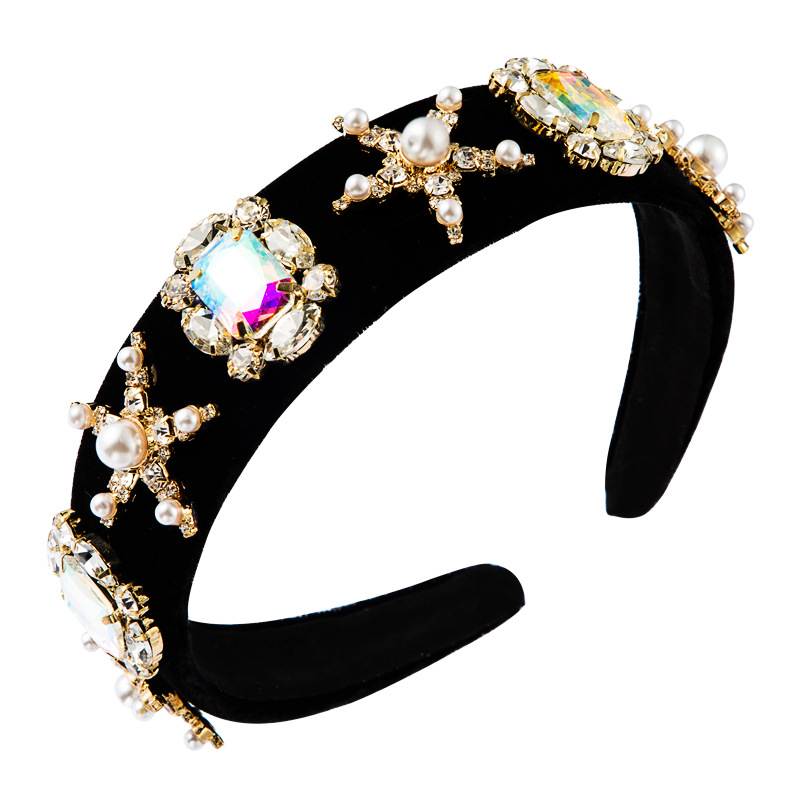 Fashion Stars Pearl Hair Band Female Gold Velvet Inlaid Rhinestone Super Flash Boutique Hair Jewelry Wholesale display picture 8