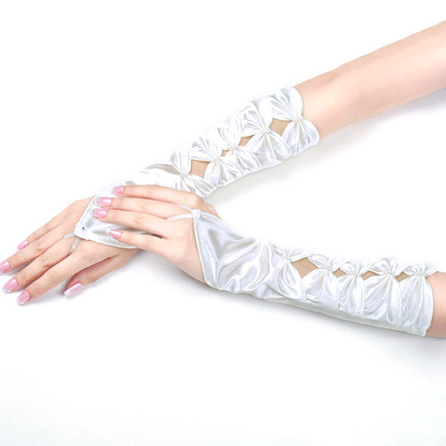 Hook Finger Bridal Wedding Gloves Fingerless Butterfly Beads Hollow Women's Wedding Long Satin Sleeves White Off-White