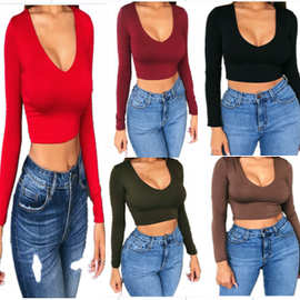 速卖通亚马逊2020秋季热卖  纯色V领露脐性感修身长袖短款上衣T恤