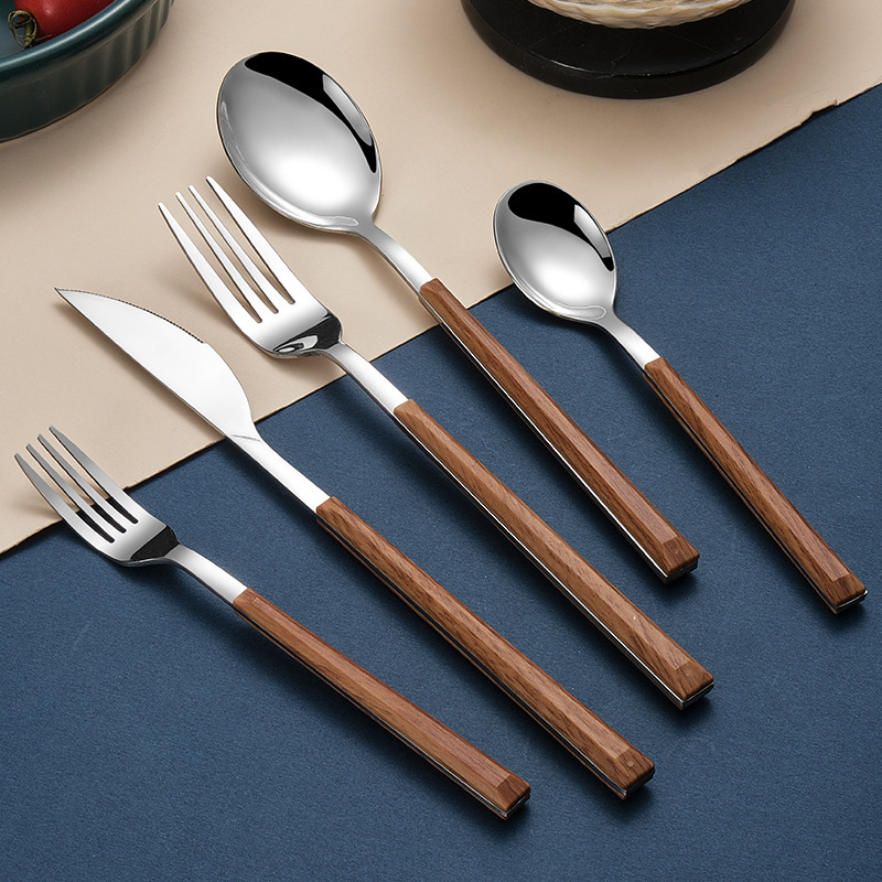 Creative 430 Stainless Steel Imitation Wooden Handle Knife and Fork Spoon Western Steak Dinner Knife Main Dinner Spoon Meal Internet Celebrity Tableware Dessert Spoon