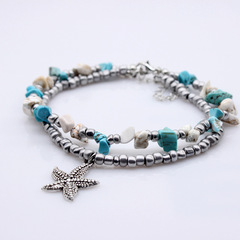 跨境歐美雙層腳鏈海螺海星米珠瑜伽沙灘烏龜吊墜腳鏈手鍊批發