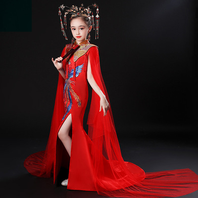 Girls phoenix performance cheongsam dresses child Chinese style Tang suit dress catwalk model show host dress performance costume trailing