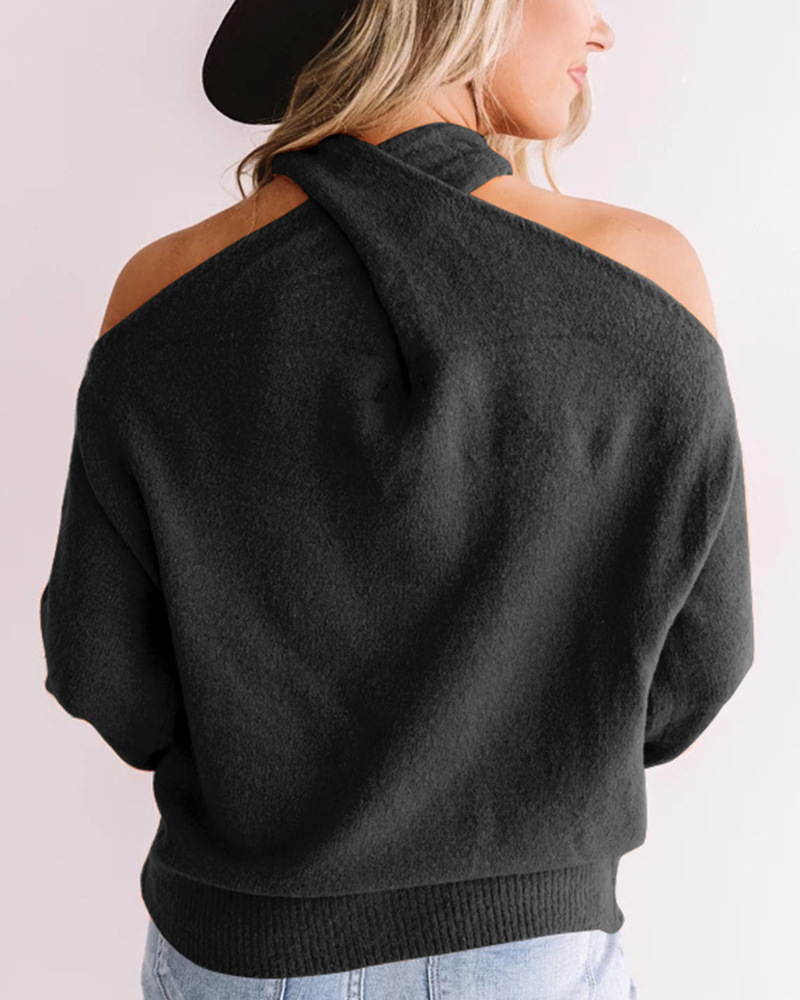 V-Neck Off-The-Shoulder Cross-Wrapped Open-Back Sweater NSPZN105147