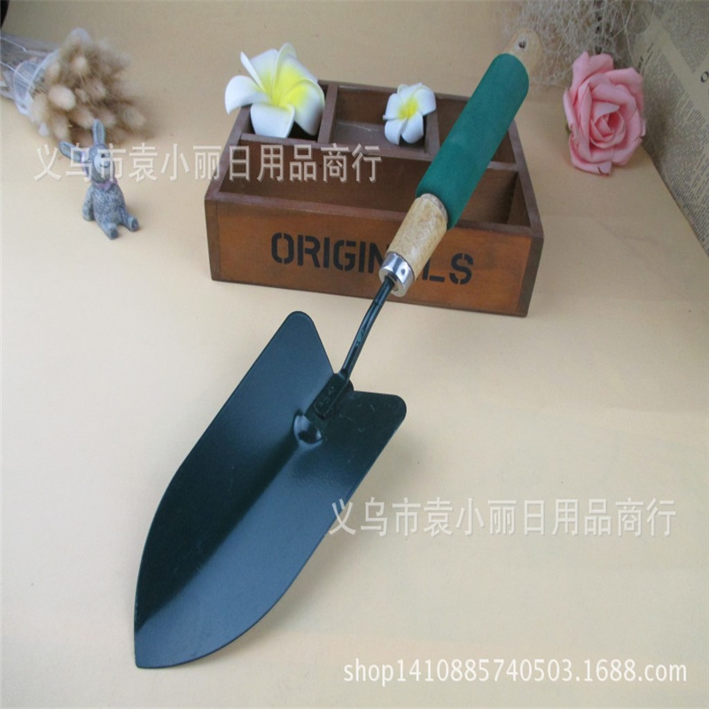 厂家货源37cm加长铲子铁制园林木柄花铲小铁锹工兵园艺工具批发