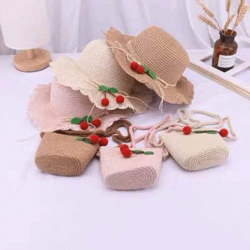 New Children's Fruit Cherry Straw Hat Summer Baby Girl Crossbody Bag Travel Cute Princess Hat Children's Straw Bag