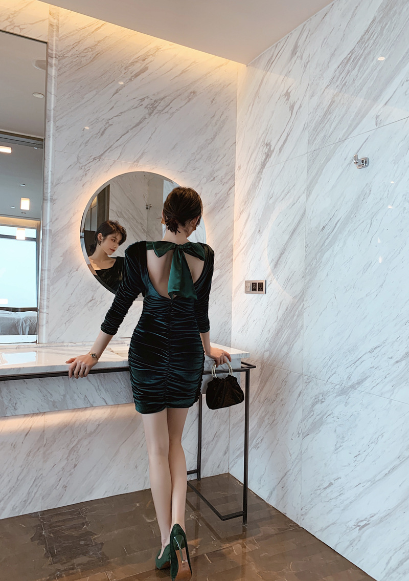 Đầm nhung dài tay ôm dáng dạ hội thiết kế tinh tế — Màu xanh lá chi tiết 6