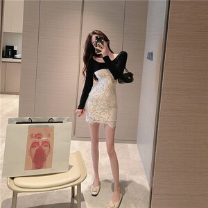 Straight neck low cut lace Crocheted hip dress with bottom skirt and long sleeve dress