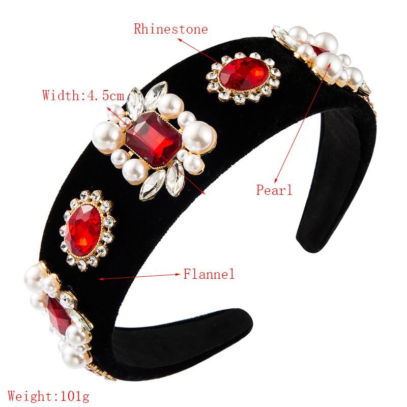 Exaggerated Black Gold Velvet Cloth Wide-border Flower Pearl Headband Retro Baroque Inlaid Rhinestone Headband display picture 1