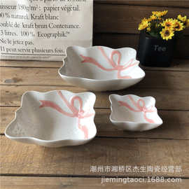 创意批发8寸陶瓷碗ins欧式蝴蝶结浮雕四方碗少女心粉色水果沙拉碗