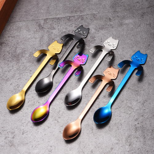 304 stainless steel cat spoon, creative cartoon hanging side spoon, cute coffee spoon, gold-plated stirring spoon with logo