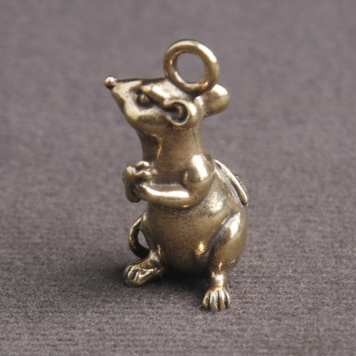 Brass Antiqued Twelve Zodiac Rat Personality Car Keychain Pendant, Luck Rat Charm, Small Copper Craft