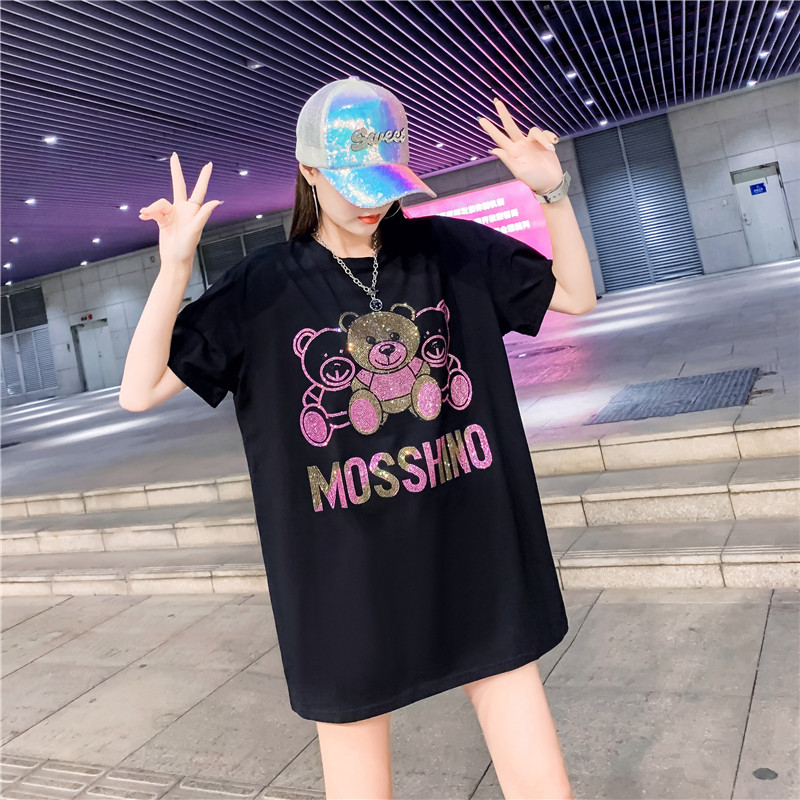 欧货烫钻小熊宽松短袖卡通t恤女韩版半袖体恤衫上衣夏季2022新款