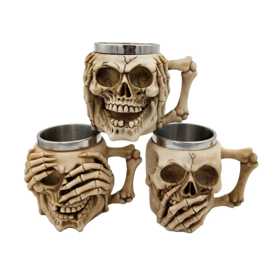 3D череп Mug — смоляной внешний слой и двойной слой нержавеющей стали, Gothic Goblet 330–400 мл
