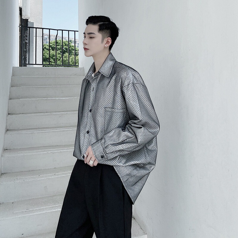 Stylist Metallic Lace Laminated oversize Shirt Personalized Design Men's Autumn European and American Fashion Brand Jacket