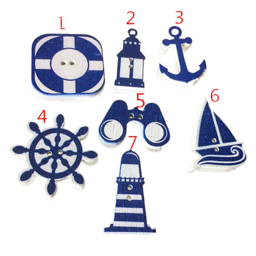 Precision Painted Nautical Series Wood Button Set with Sailboat, Lighthouse, Telescope, Lifebuoy, and Ship's Rudder Patterns