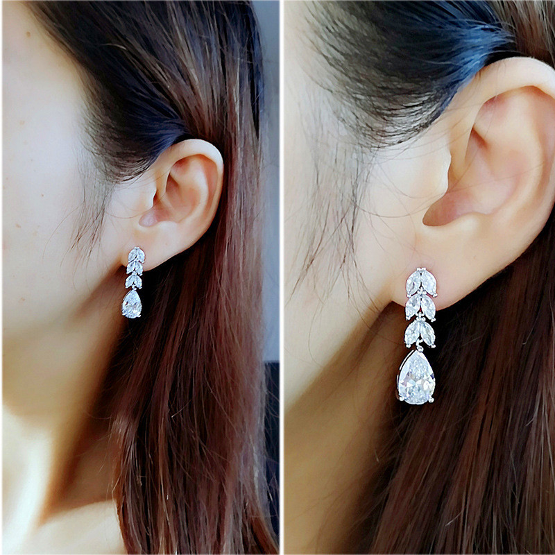 Zircon Drop Earrings For Women Elegant Leaf And Water Drop Design_voghion.com