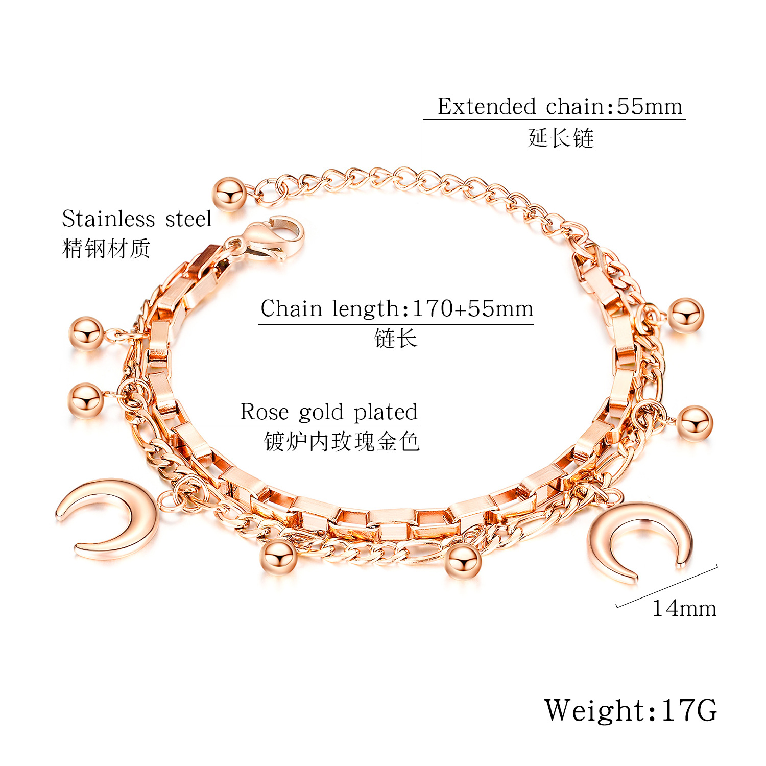 New Fashion Multilayer Stainless Steel Round Bead Moon Bracelet Nihaojewelry Wholesale display picture 1