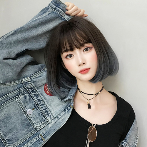 Fashion wig female short hair bob student head round face full head cover natural gradient color inner buckle straight hair wholesale