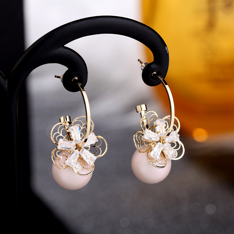 Korea Pearl Earrings 925 Silver Needle Flower Opal Earrings Zircon Earrings Wholesale Nihaojewelry display picture 7