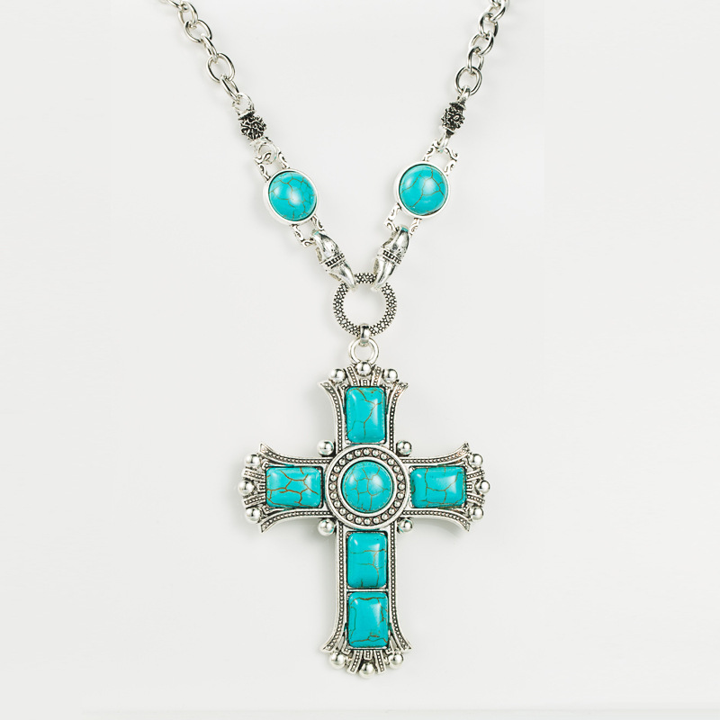 Retro Exaggerated Cross Shape Multi-layer Alloy Inlaid Turquoise Necklace display picture 4