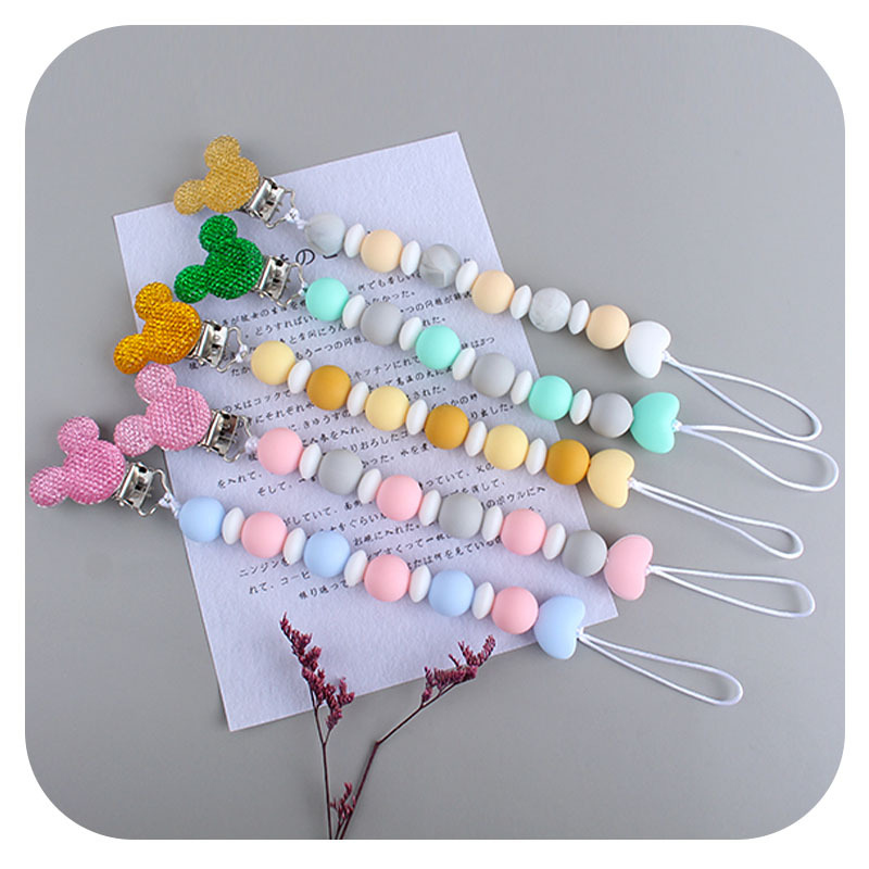 Venta caliente bebé suministros Mickey chupete clip de juguete mordedor bebé calmante silicona amor chupete cadena anti-gota cadena