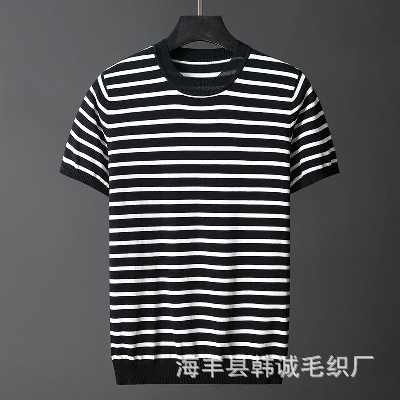 Taobao Factory Summer Ice Silk Short Sleeve Men's Thin Knit Shirt Half Sleeve Striped T-Shirt Men's Clothing One Piece Dropshipping Taobao Factory Summer Ice Silk Short Sleeve Men's Thin Knit Shirt Half Sleeve Striped T-Shirt Men's Clothing One Piece Dropshipping