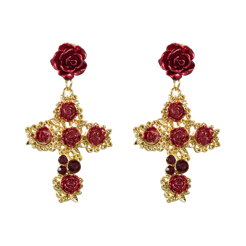 S925 Argent Aiguille Rétro Croix Alliage Incrusté De Strass Rose Boucles D&#39;oreilles display picture 7