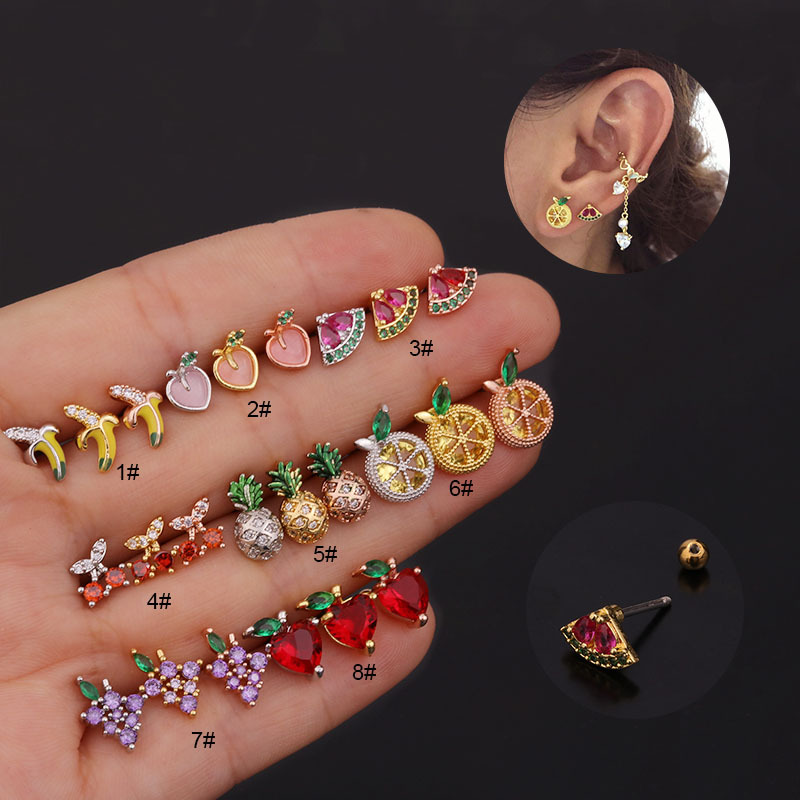 Ear Cartilage Rings & Studs Fruit 316 Stainless Steel  Copper Inlaid Zircon display picture 13