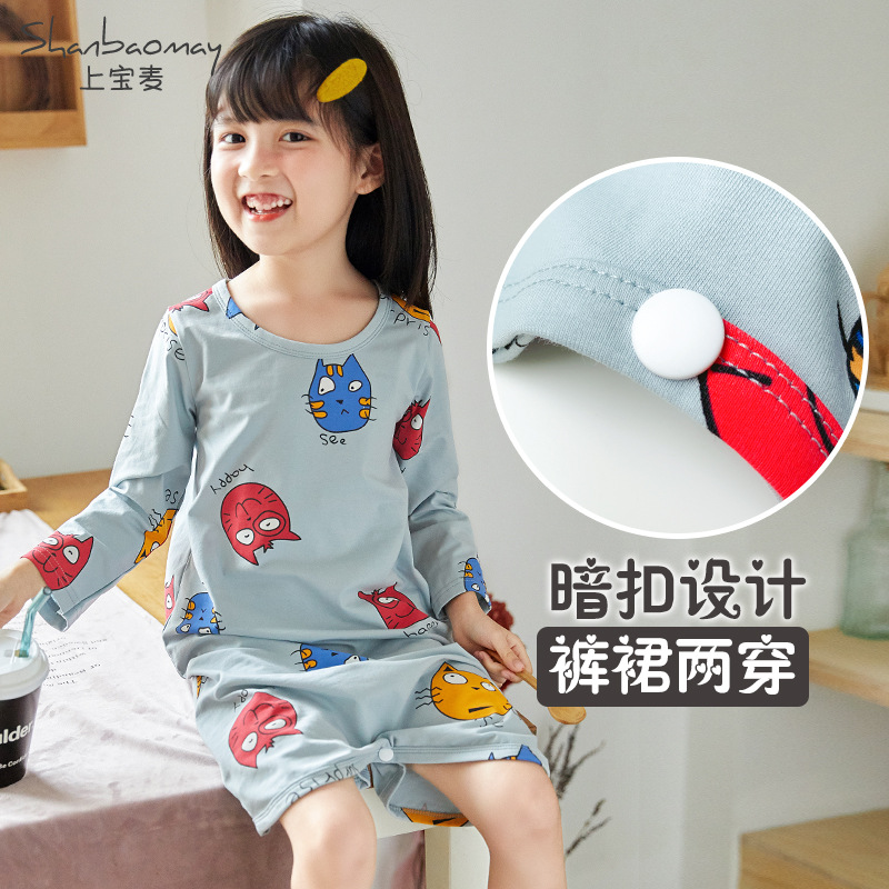SHANGBAOMAI 어린이 잠옷 원피스 잠옷 가을 새  잠옷 목욕 가운 2 착용 방지 발로 배꼽 보호 잠옷 얇은