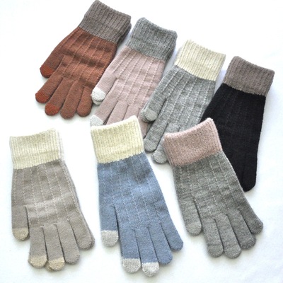 男女式冬天通用加绒加厚保暖手套 冬季拼色 手机触屏现货毛线手套