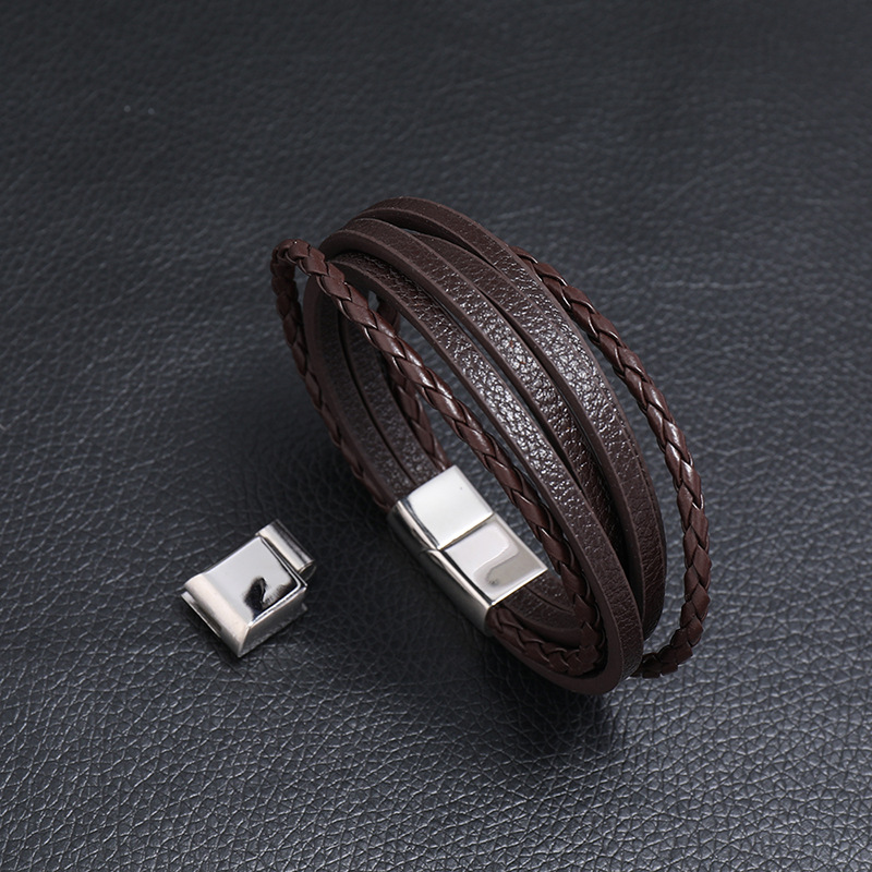 Retro Multi-layer Woven Stainless Steel Men's Leather Bracelet display picture 2