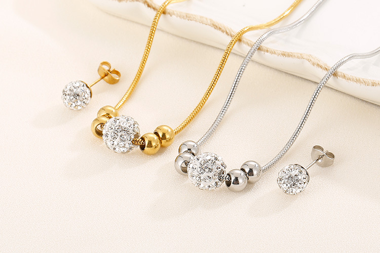 Korean temperament rhinestone small round bead necklace earring set stainless steel steel ball jewel