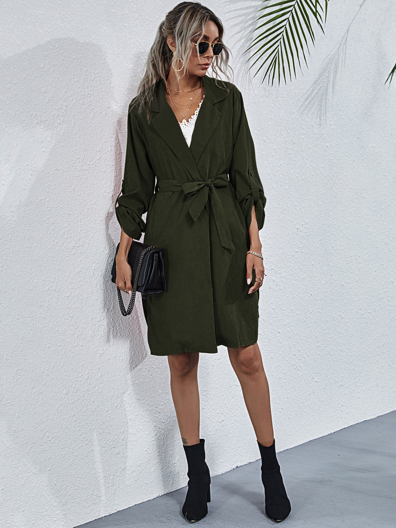 Solid color waist belted trench coat NSCX8097