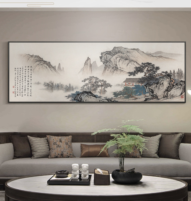 新中式客厅沙发背景墙装饰画办公室字画山水国画挂画横幅风景壁画-阿里巴巴