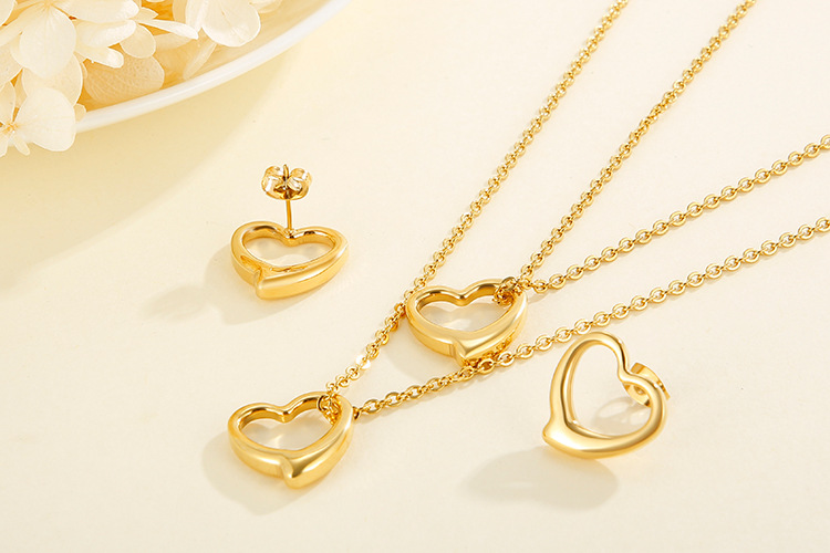 simple hollow heart-shaped double-layer necklace earrings stainless steel set wholesale nihaojewelry