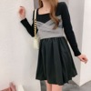 Mesh stitching high waist flower bud fluffy skirt A-line skirt long sleeve dress