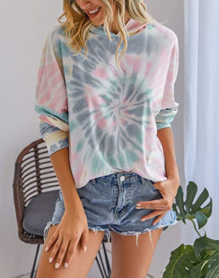 women s tie-dye printing hooded long-sleeved T-shirt sweater  NSYF841