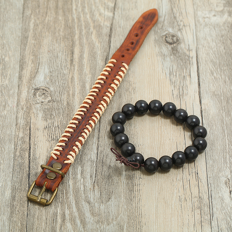 Punk Retro Distressed Leather Simple Diy Combination Set Wooden Bead Bracelet Men's Jewelry Nihaojewelry display picture 3