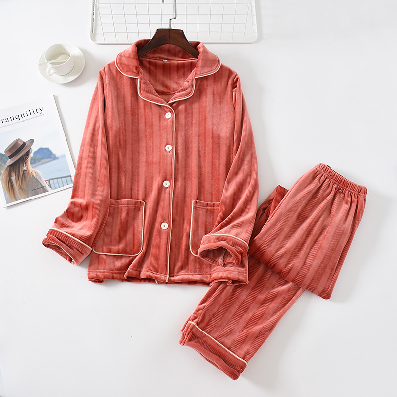 LH女海島絨毯縦縞ザクロ赤パジャマカバー