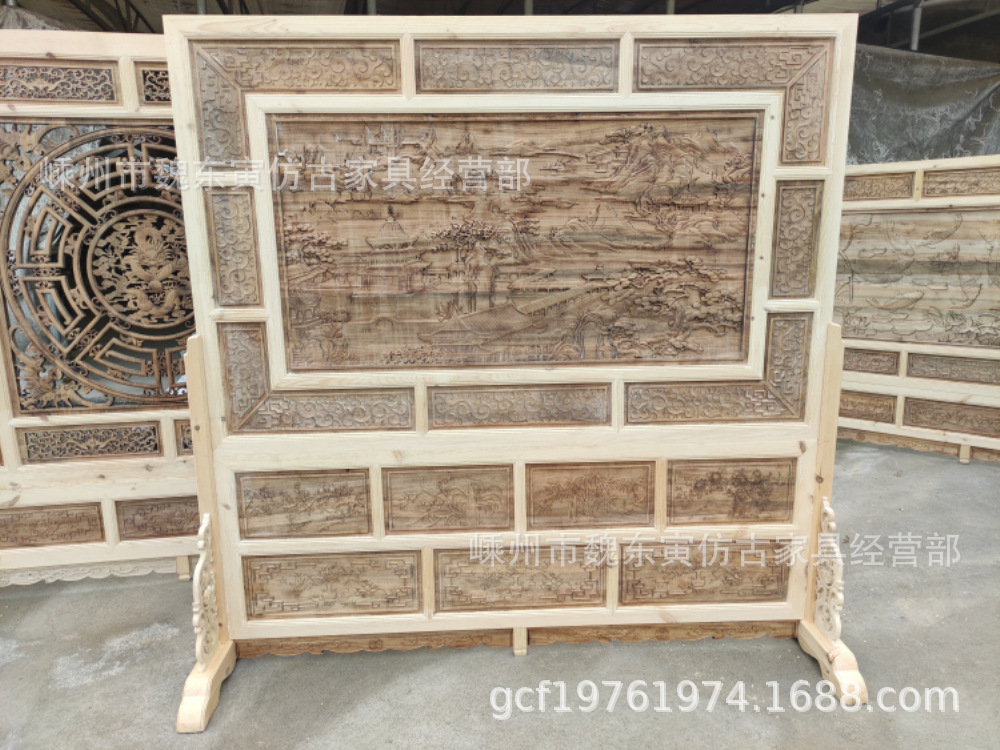 仿古工艺木雕高山流水亭台楼阁插屏定制|ms